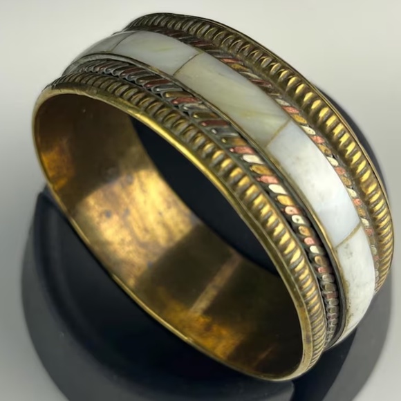 Vintage Brass Bangle | Bone Inlay, African Statement Jewelry - Picture 4 of 5